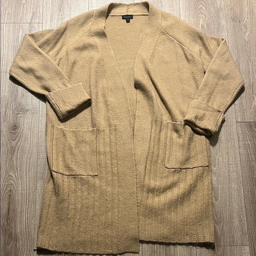 Goldray Tan Knit Long Cardigan with Pockets Ribbed Bottom Size XL